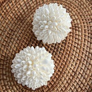 Set of 2 White 5” Seashell Orbs (decorative sphere, ball); no chips, great cond.